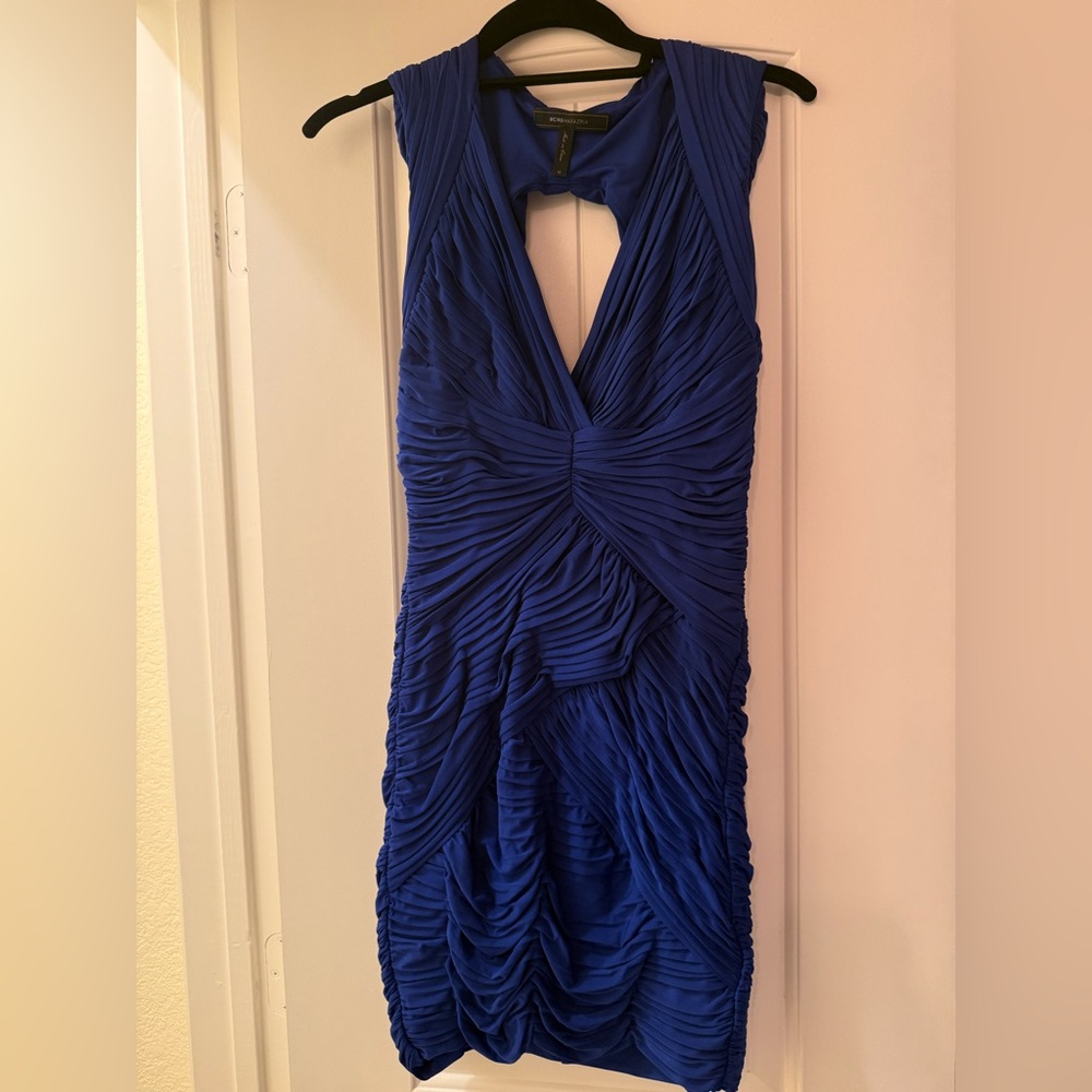 BCBGMaxAzria Blue Ruched Halter Bodycon Dress